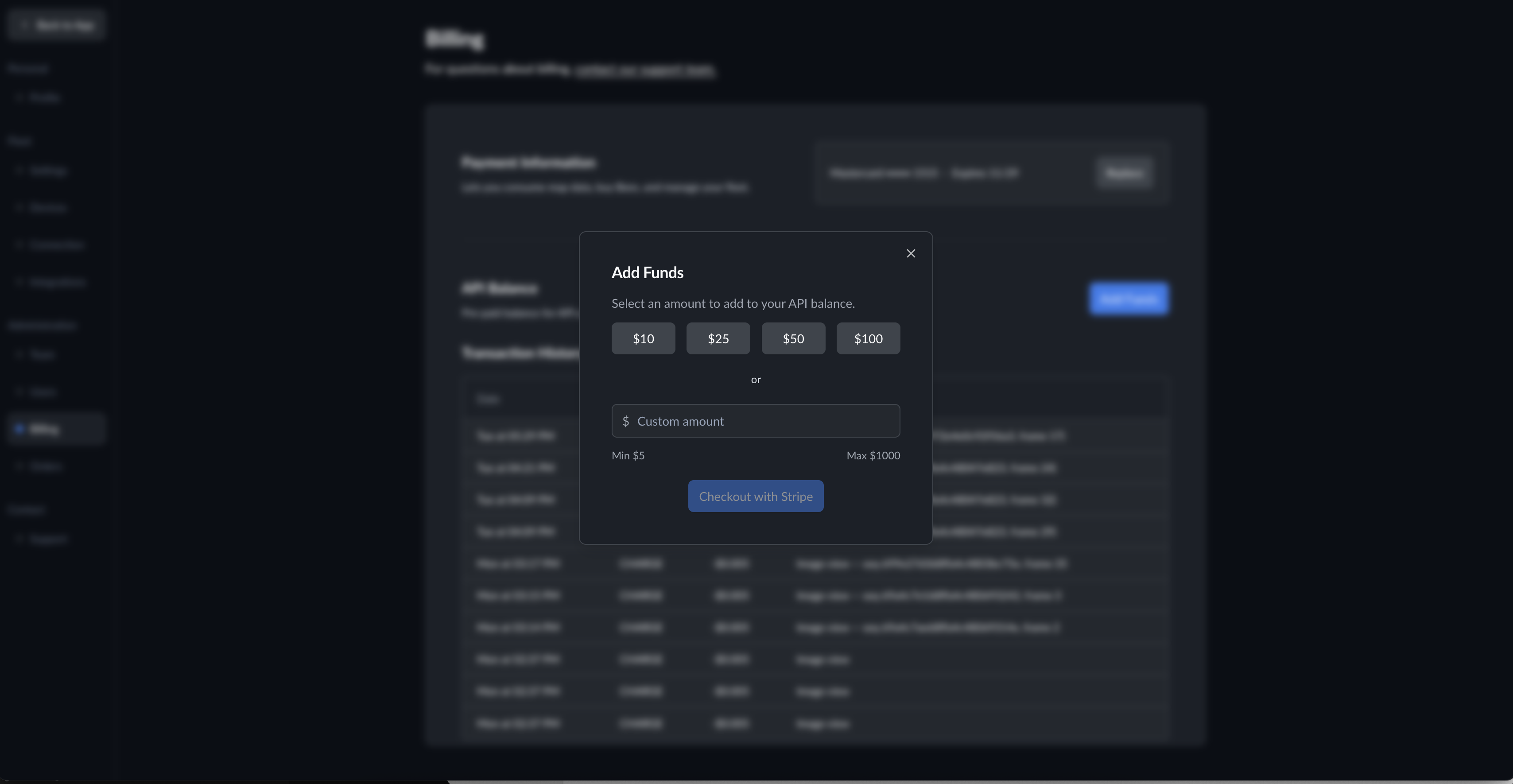 The Add Funds modal with preset and custom amount options