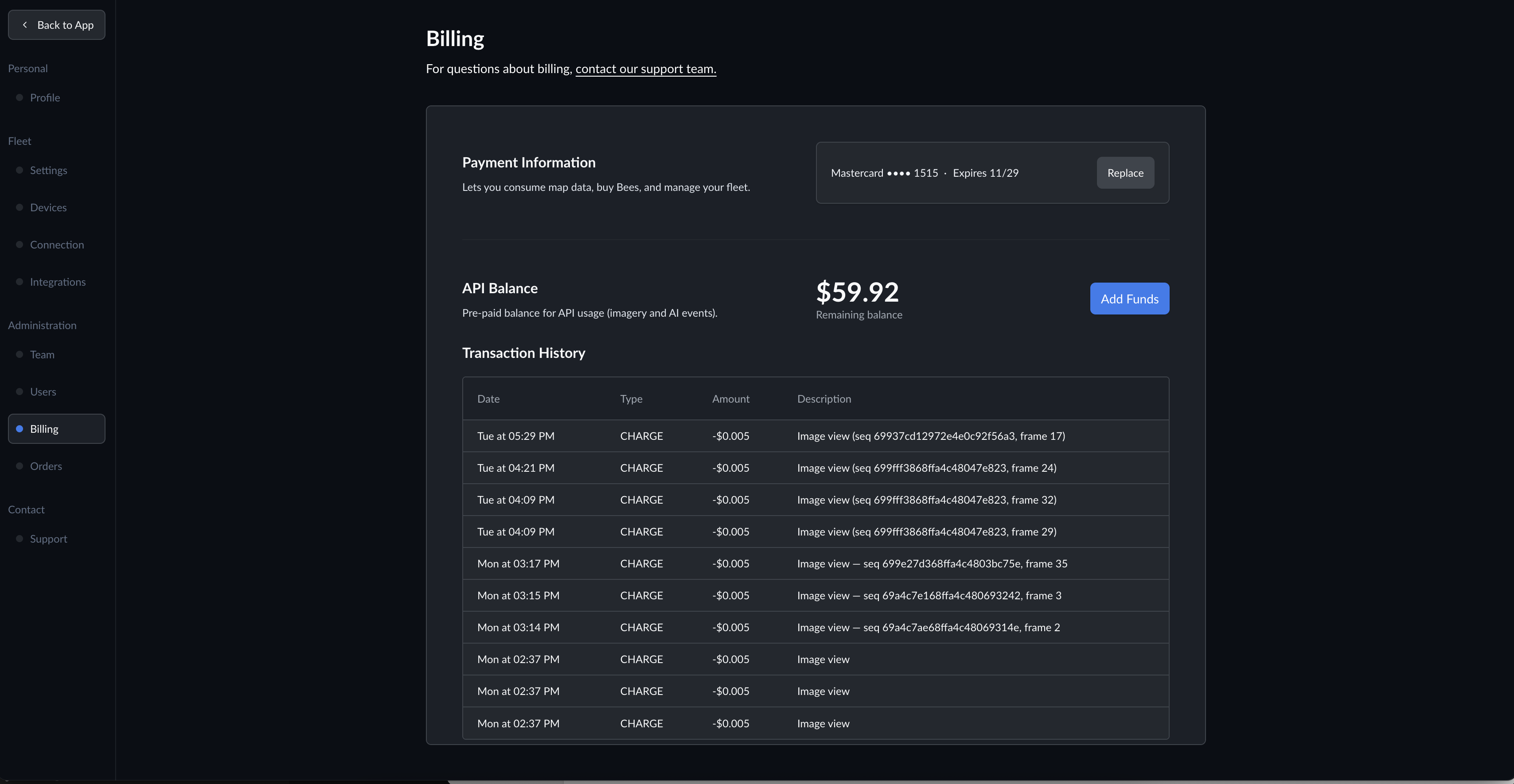 The Billing page showing your API Balance, payment method, and transaction history