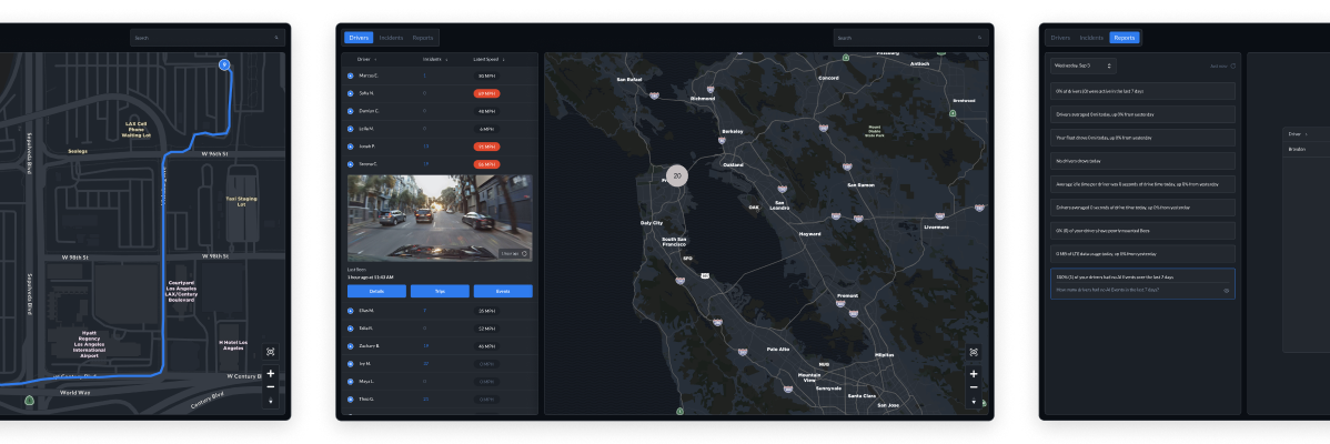 Bee Maps fleet management platform — drivers, device details, live map, and AI-powered reports