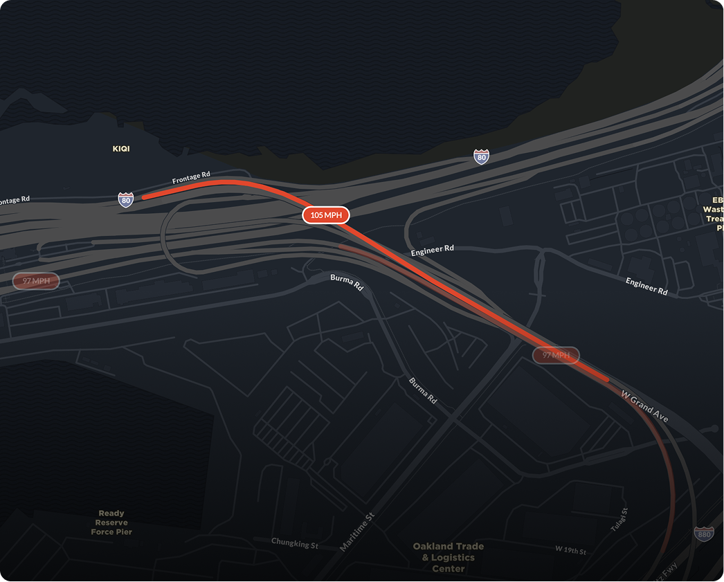 AI-detected high-speed driving incident with speed overlay on map
