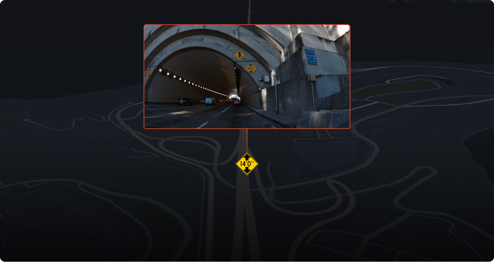 Road intelligence — AI-detected clearance sign with dashcam imagery overlaid on the map