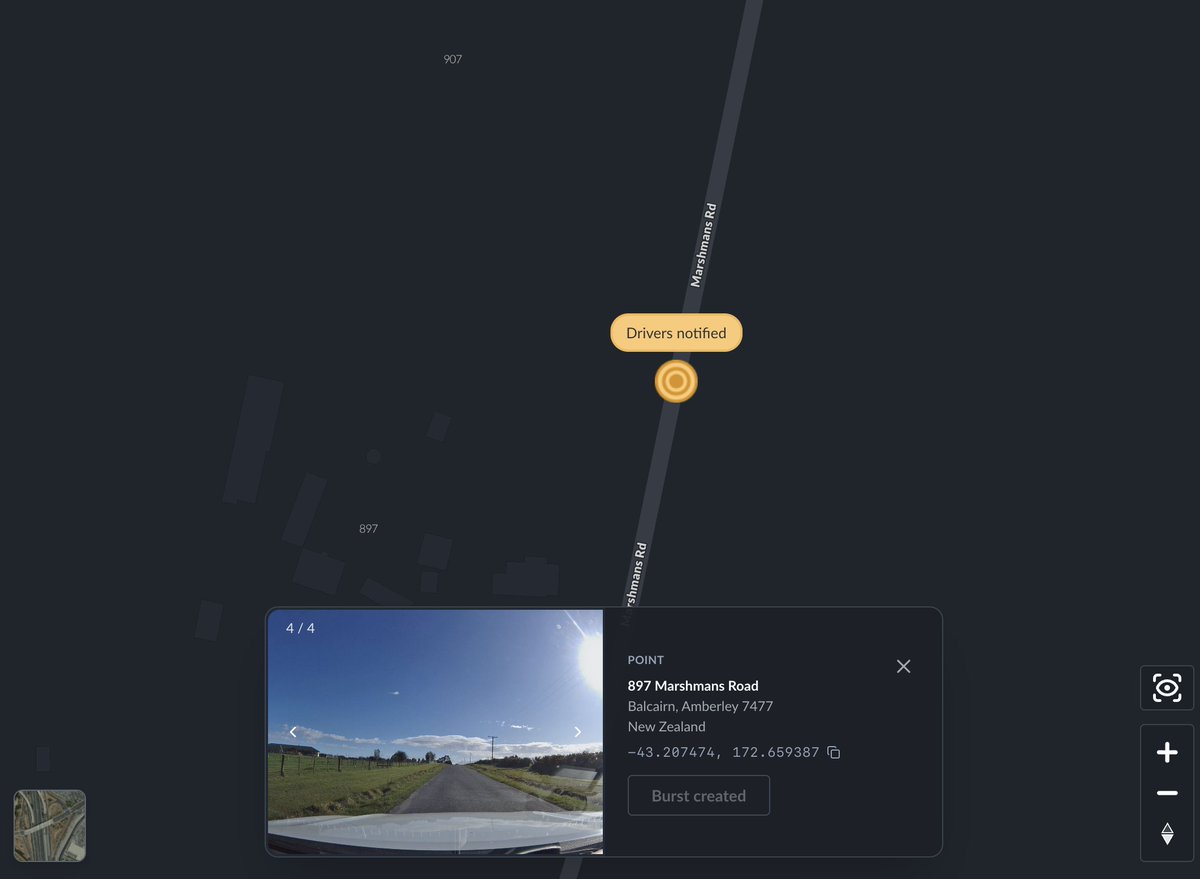 A burst request created at 897 Marshmans Road in Balcairn, New Zealand — the button confirms "Burst created" and nearby drivers are notified