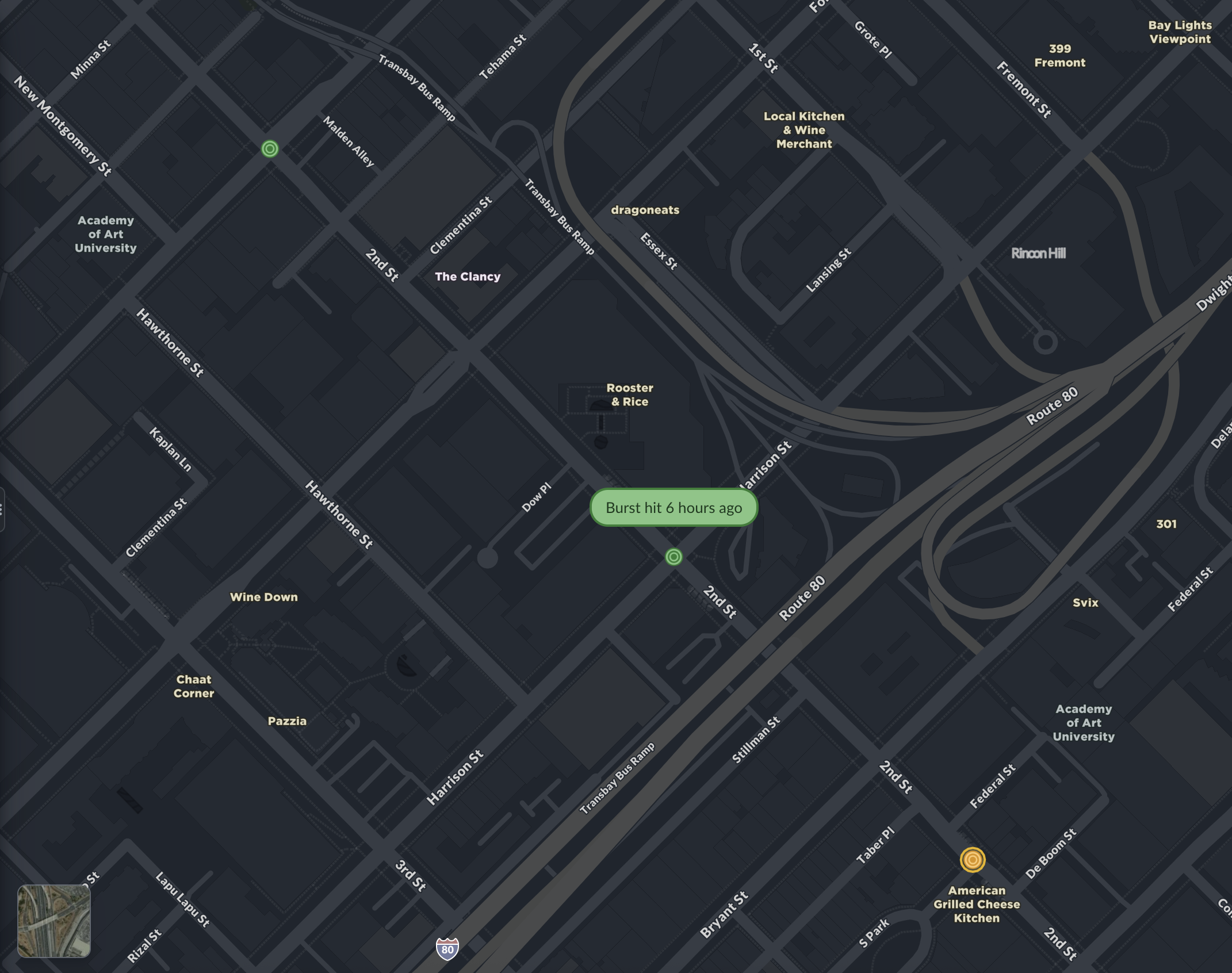 A burst that was hit — the marker turns green with a label showing "Burst hit 6 hours ago"