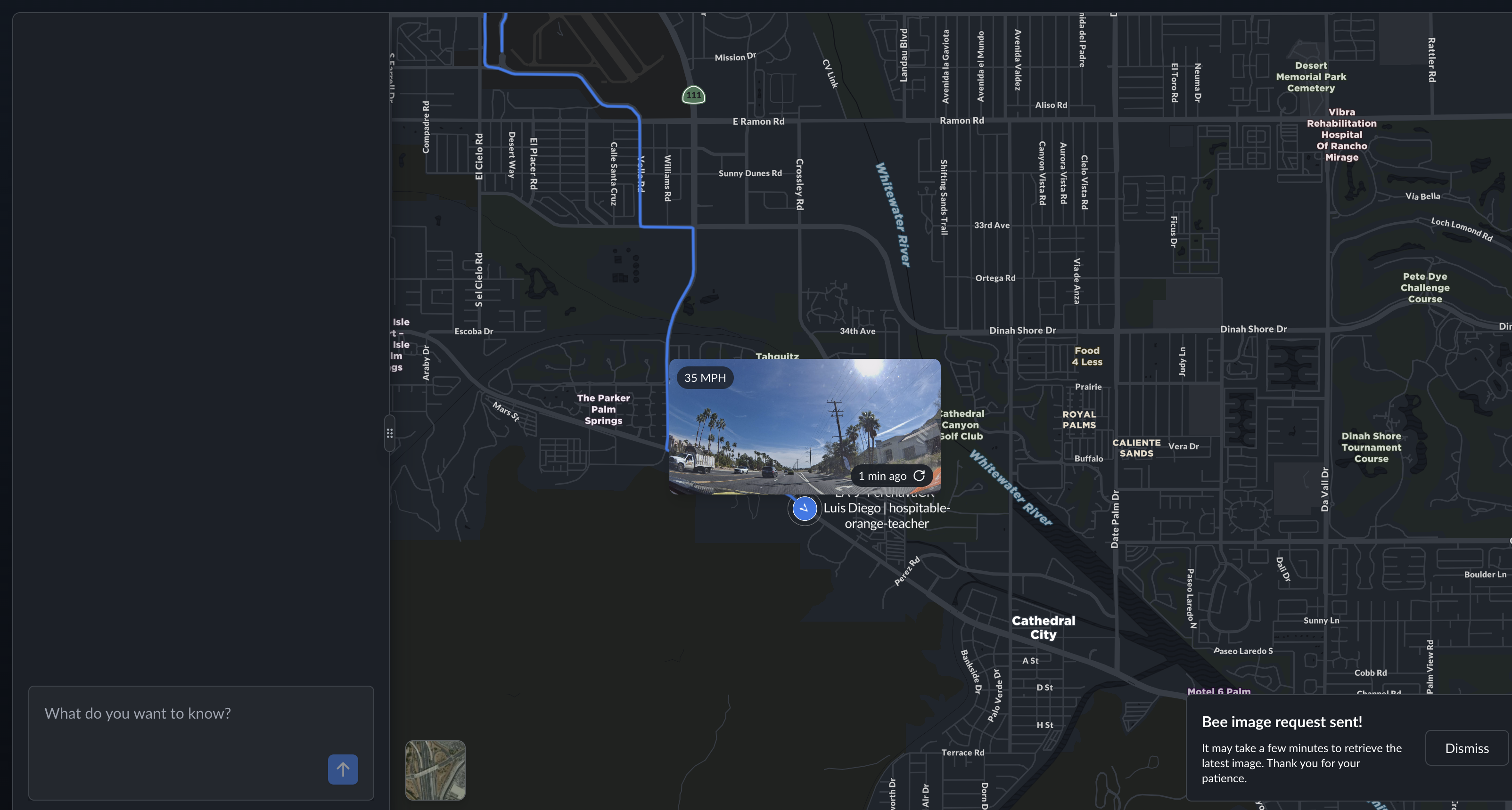 Fleet live view showing a driver in Cathedral City — 35 MPH, image captured 1 minute ago, with route history and an on-demand image request notification