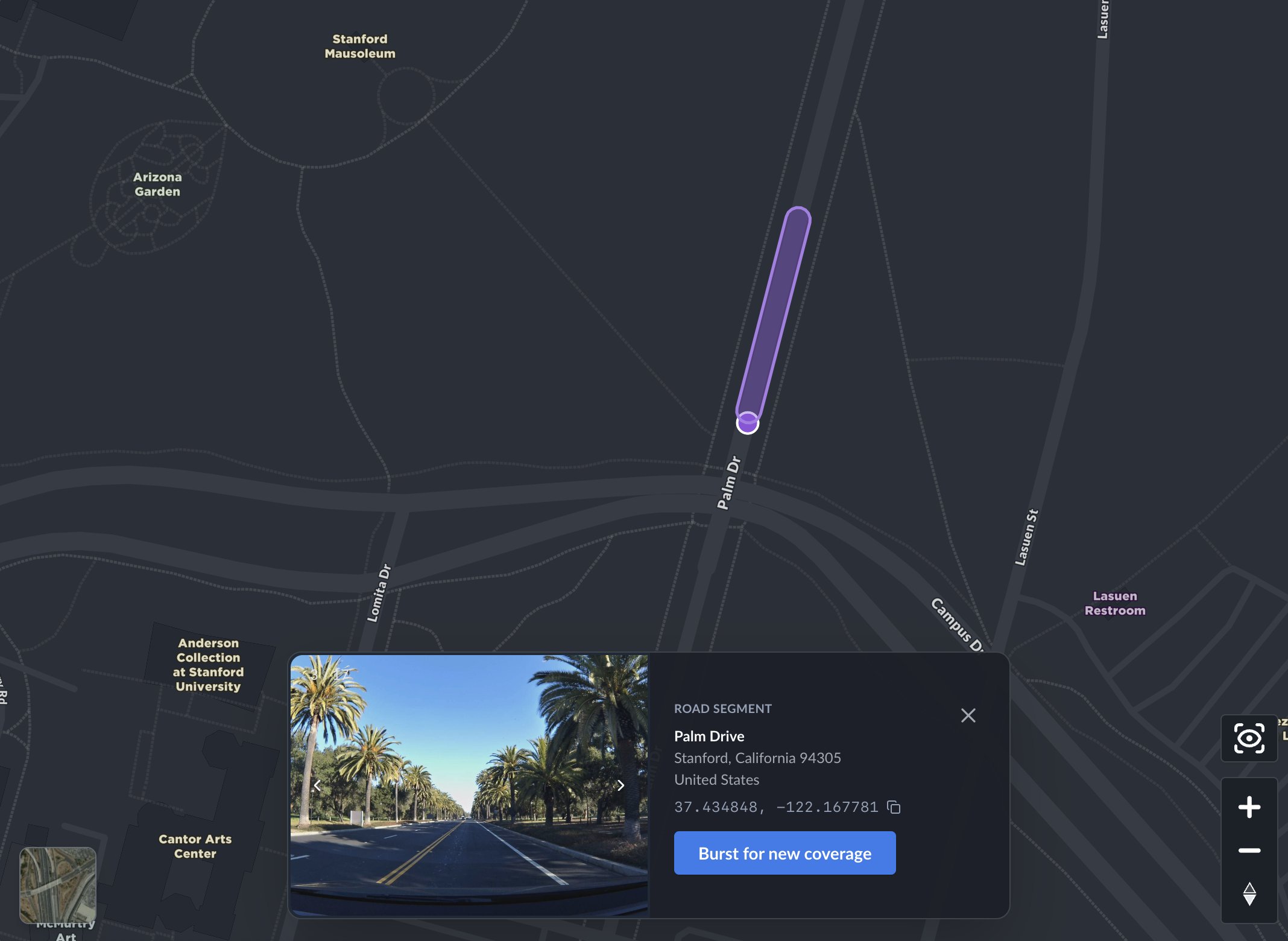 Street-level imagery viewer showing Palm Drive near Stanford — a road segment with dashcam photos, address, coordinates, and a button to request fresh coverage
